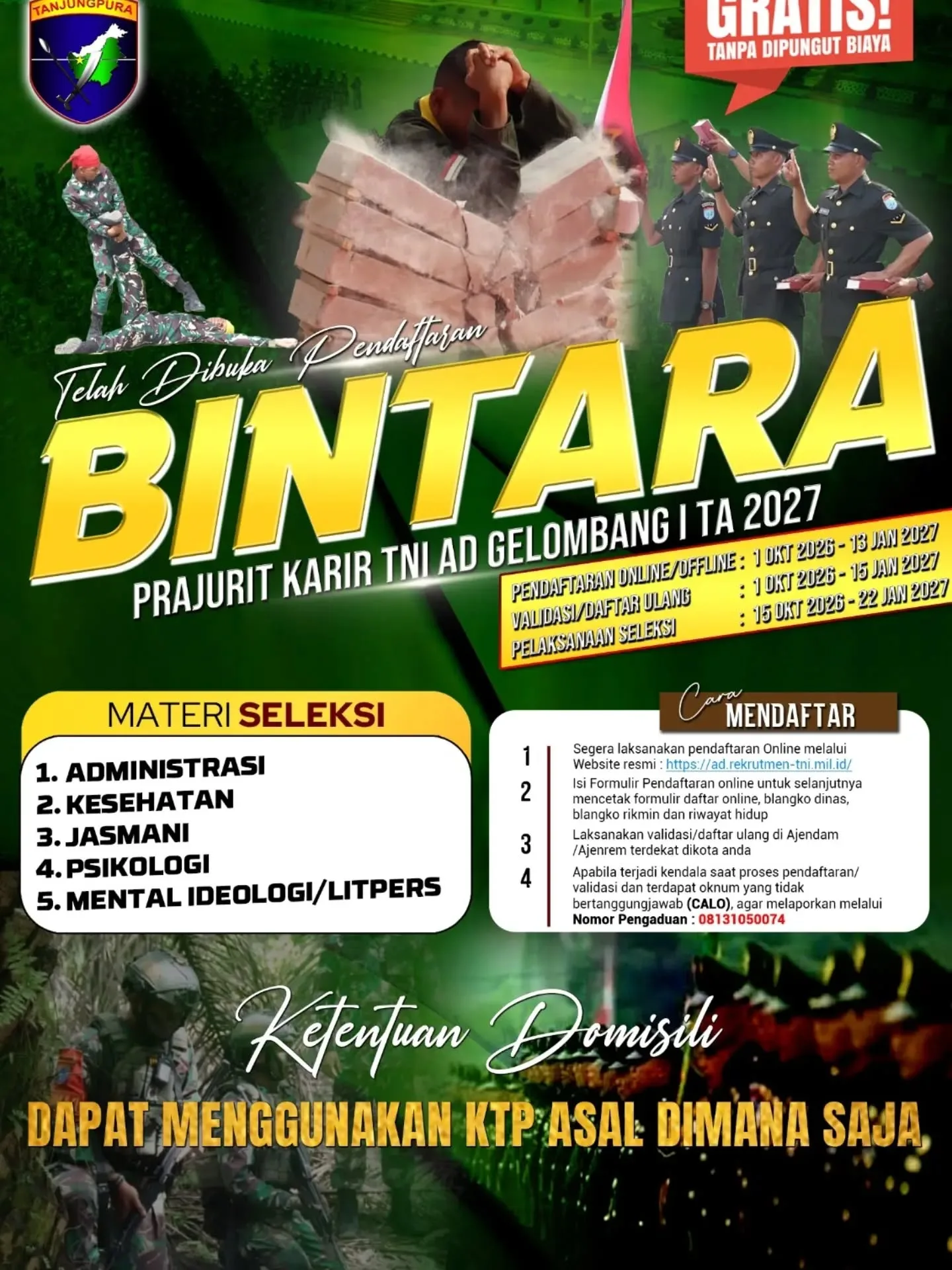 Telah Dibuka Pendaftaran Bintara PK TNI AD Gelombang I Tahun Anggaran 2027