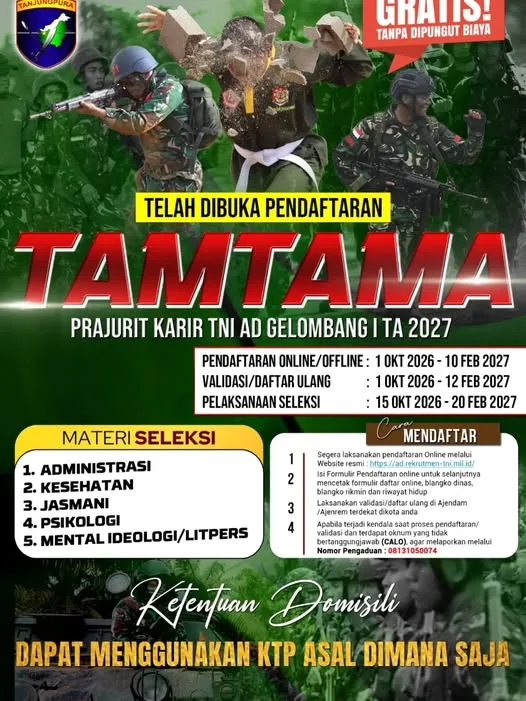 Telah Dibuka Pendaftaran Tamtama PK TNI AD Gelombang I Tahun Anggaran 2027