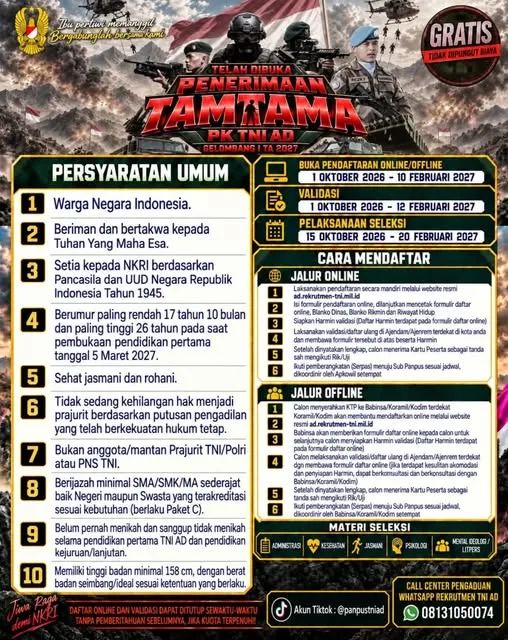 Telah Dibuka Penerimaan Tamtama PK TNI AD Gelombang I Tahun Anggaran 2027