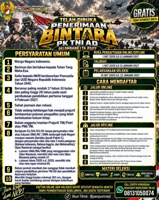 Telah Dibuka Penerimaan Bintara PK TNI AD Gelombang I Tahun Anggaran 2027