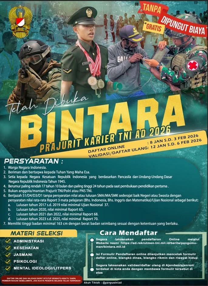 Telah dibuka pendaftaran penerimaan Calon Bintara PK TNI AD 2026. Segera daftarkan diri anda